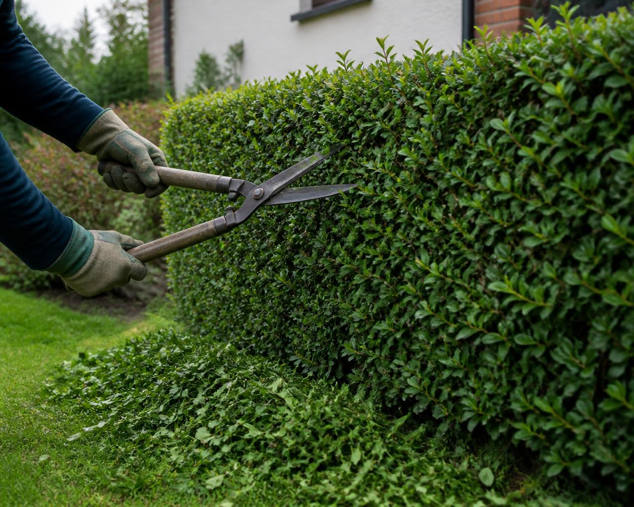 Hecke wird bei Gartenarbeiten in Lüchow mit einer Heckenschere zurückgeschnitten