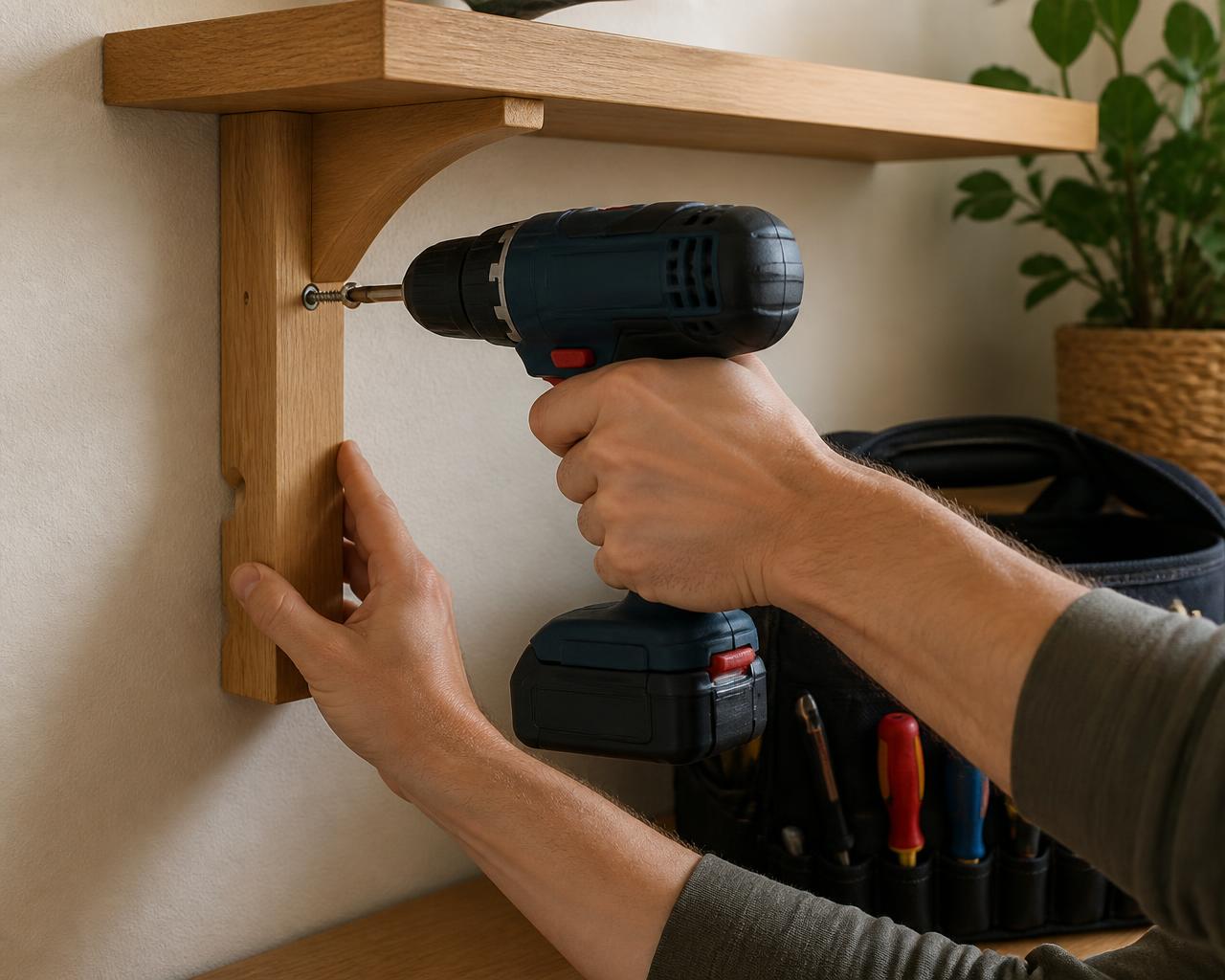 Montage einer Holzkonsole mit Akkuschrauber bei einer Kleinreparatur