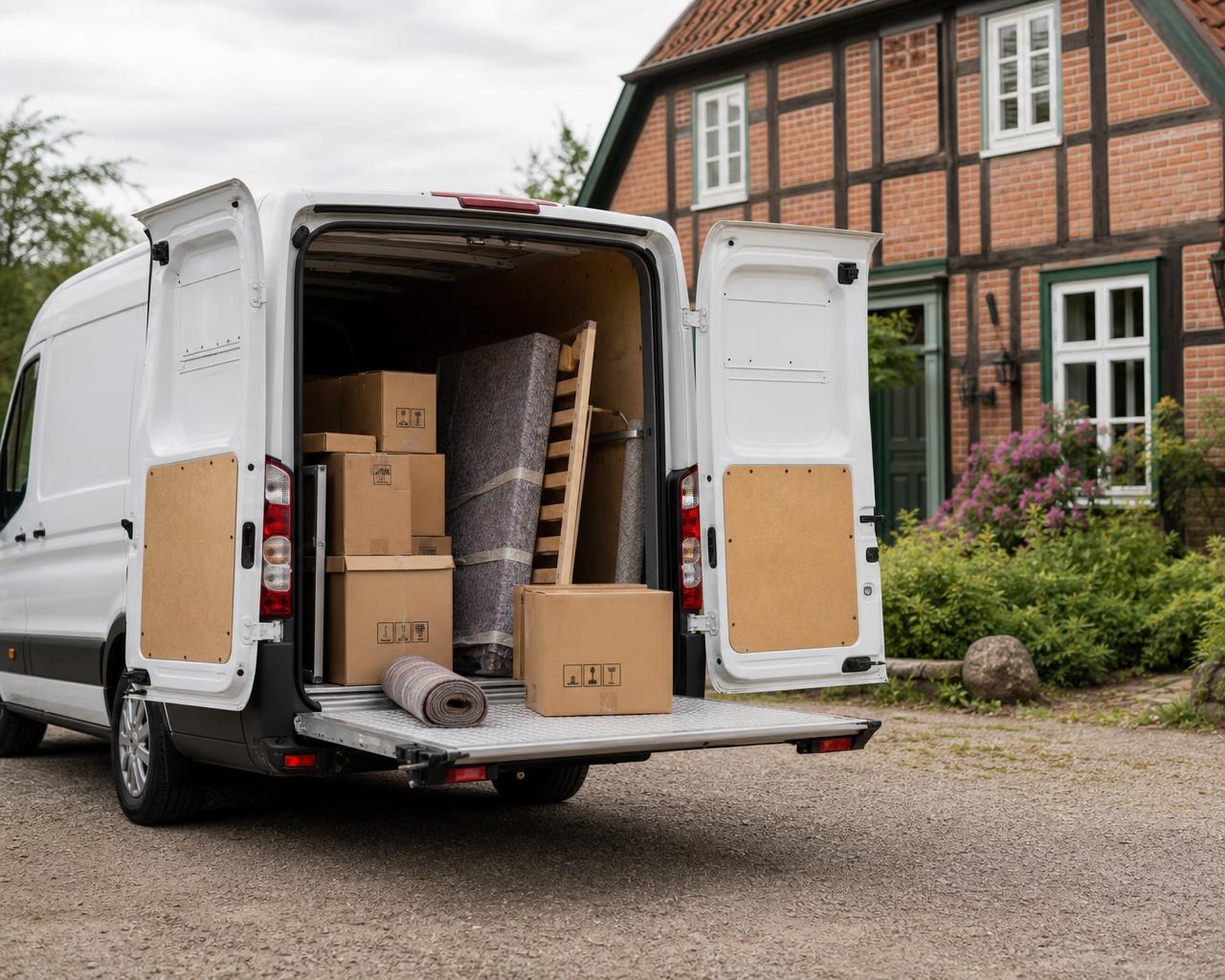 Gepackter weißer Umzugswagen mit Kartons und eingerolltem Teppich vor einem Fachwerkhaus im Wendland